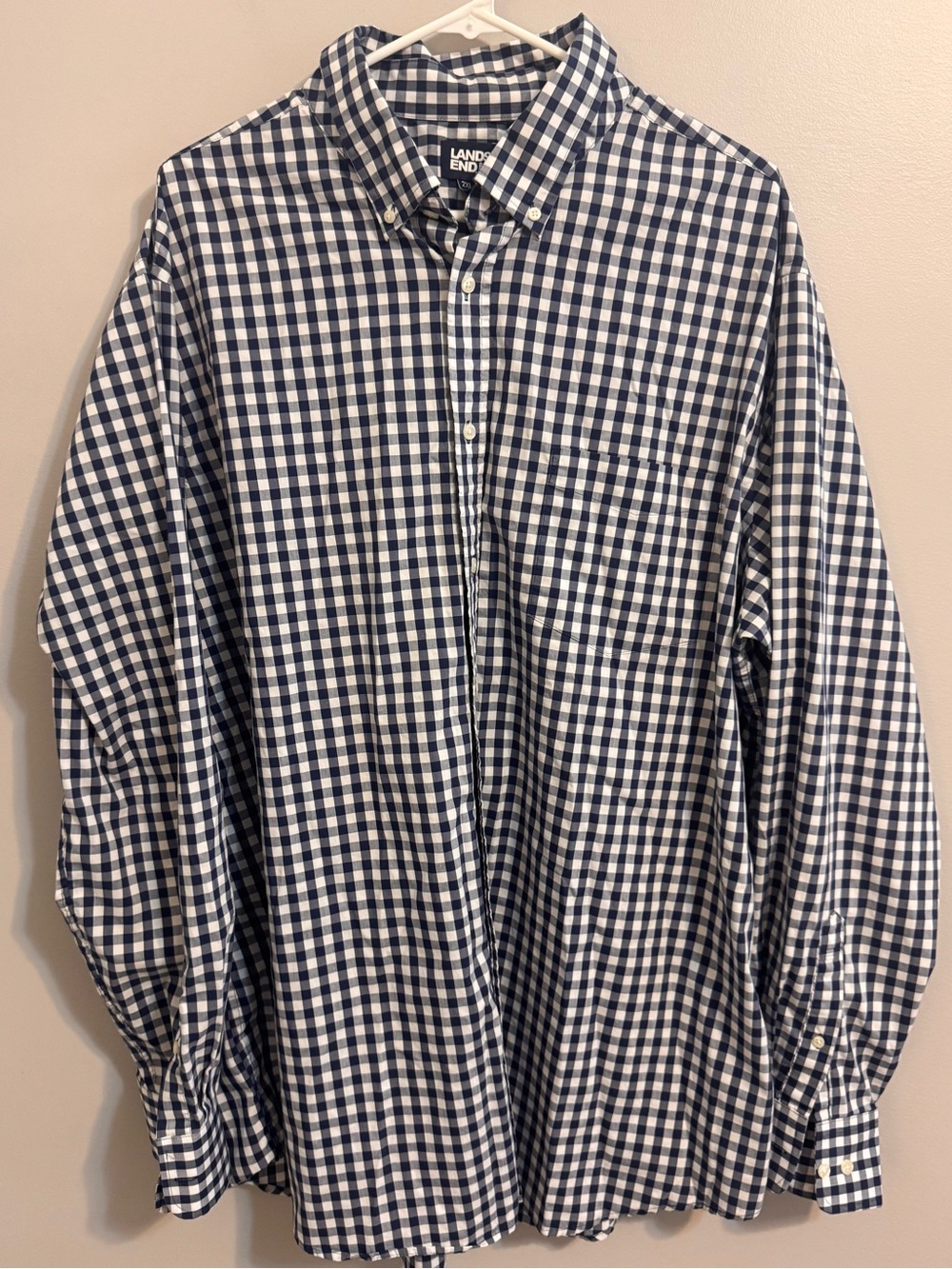 Lands’ End Men’s 2XL Tall Navy Gingham Button Down Shirt Traditional Fit